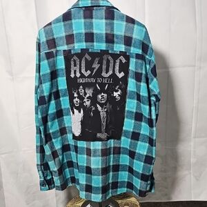 AC/DC Teal and Black Ooak Unisex Flannel Sm-xl